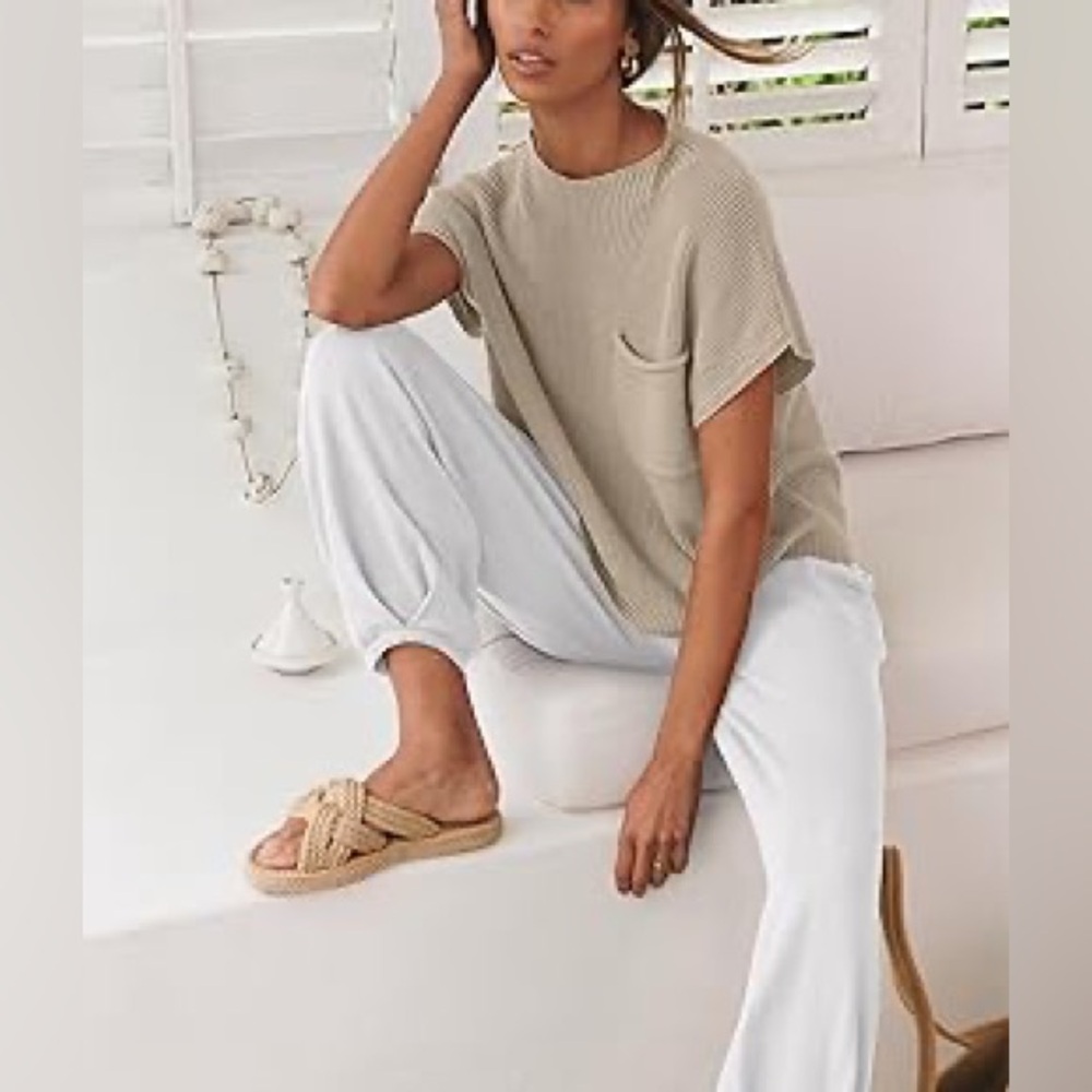 Amazon 2Pc Khaki Knit Top White High Waist Knit Jogger Pant Lounge Set M NWOT - Picture 3 of 16